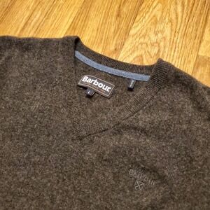 Barbour Sweater Men Large Dark Grey V Neck Knit Jumper Essential 100% Lambswool